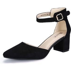 Black Low Block Heels Comfortable Chunky Closed Toe Ankle Strap faux suede